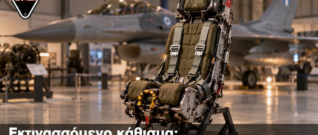 Εκτινασσόμενο κάθισμα: Η μηχανική της τελευταίας διαφυγής — Ενδεικτική απεικόνιση εκτινασσόμενου καθίσματος σε χώρο αεροσκαφών, λογότυπο Engine Power.