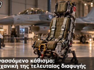 Εκτινασσόμενο κάθισμα: Η μηχανική της τελευταίας διαφυγής — Ενδεικτική απεικόνιση εκτινασσόμενου καθίσματος σε χώρο αεροσκαφών, λογότυπο Engine Power.