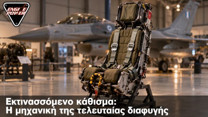 Εκτινασσόμενο κάθισμα: Η μηχανική της τελευταίας διαφυγής — Ενδεικτική απεικόνιση εκτινασσόμενου καθίσματος σε χώρο αεροσκαφών, λογότυπο Engine Power.