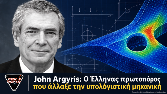 Πραγματικό πορτρέτο του John H. Argyris με εικαστική αναφορά στην ανάλυση πεπερασμένων στοιχείων. John Argyris: Ο Έλληνας πρωτοπόρος που άλλαξε την υπολογιστική μηχανική | Engine Power