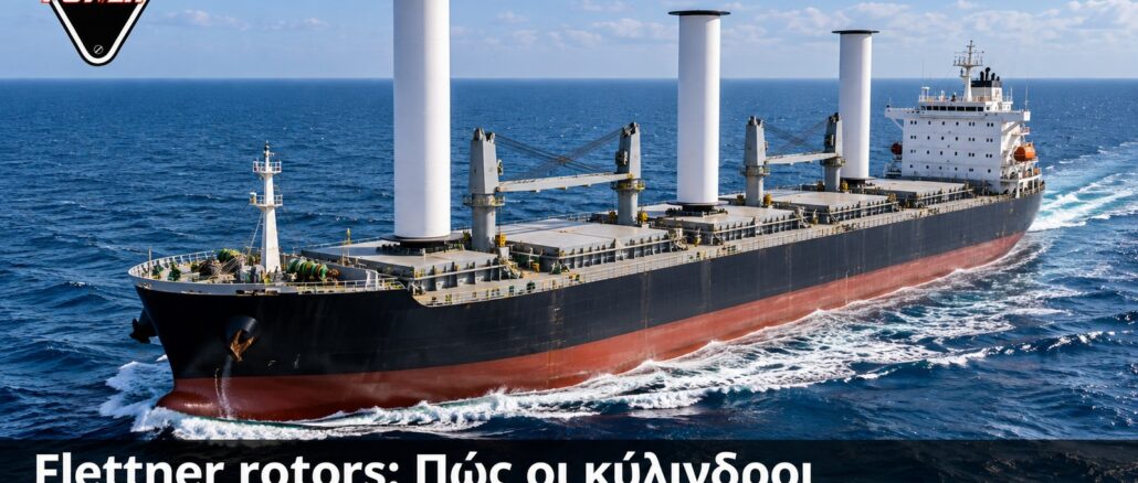 Flettner rotors: Πώς οι κύλινδροι δίνουν ώθηση στα πλοία — Ενδεικτική εικαστική απεικόνιση πλοίου με περιστρεφόμενα ιστία και λογότυπο Engine Power.