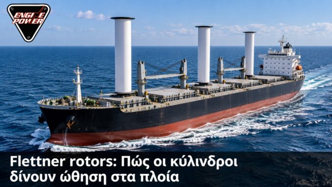 Flettner rotors: Πώς οι κύλινδροι δίνουν ώθηση στα πλοία — Ενδεικτική εικαστική απεικόνιση πλοίου με περιστρεφόμενα ιστία και λογότυπο Engine Power.