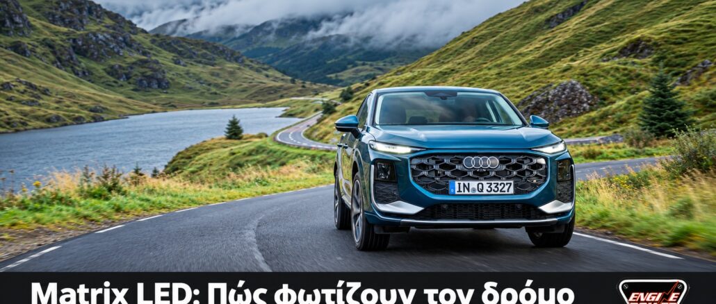 Audi Q3 με εμπρός προβολείς Matrix LED σε ορεινό δρόμο