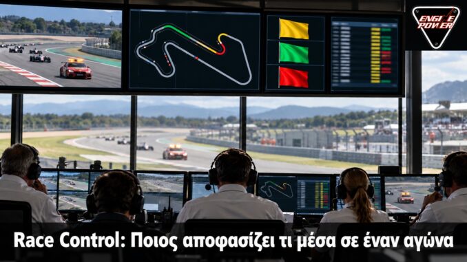 Race Control: Ποιος αποφασίζει τι μέσα σε έναν αγώνα — Ενδεικτική εικαστική απεικόνιση με το λογότυπο Engine Power.