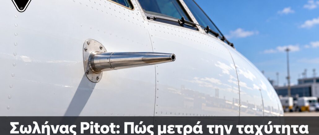 Σωλήνας Pitot: Πώς μετρά την ταχύτητα ενός αεροπλάνου — Ενδεικτική απεικόνιση λήψης πίεσης Pitot σε άτρακτο αεροπλάνου, λογότυπο Engine Power.