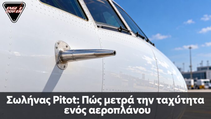 Σωλήνας Pitot: Πώς μετρά την ταχύτητα ενός αεροπλάνου — Ενδεικτική απεικόνιση λήψης πίεσης Pitot σε άτρακτο αεροπλάνου, λογότυπο Engine Power.