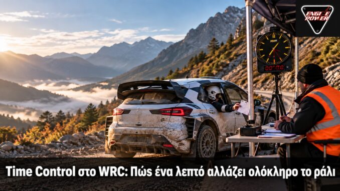 Time Control στο WRC: Πώς ένα λεπτό αλλάζει ολόκληρο το ράλι — Ενδεικτική εικαστική απεικόνιση με το λογότυπο Engine Power.