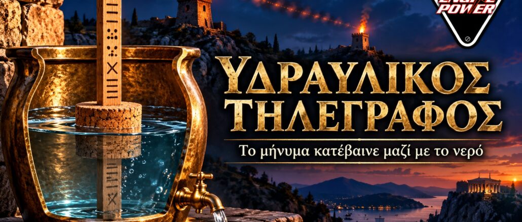 Υδραυλικός τηλέγραφος του Αινεία — εικονογραφική αναπαράσταση της ιδέας, όχι αυθεντικό αρχαιολογικό εύρημα.