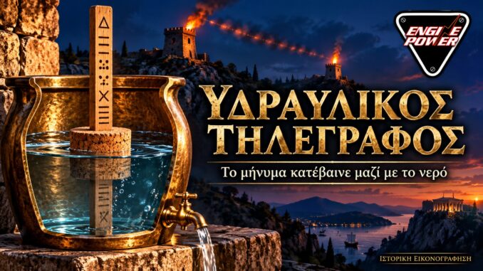 Υδραυλικός τηλέγραφος του Αινεία — εικονογραφική αναπαράσταση της ιδέας, όχι αυθεντικό αρχαιολογικό εύρημα.
