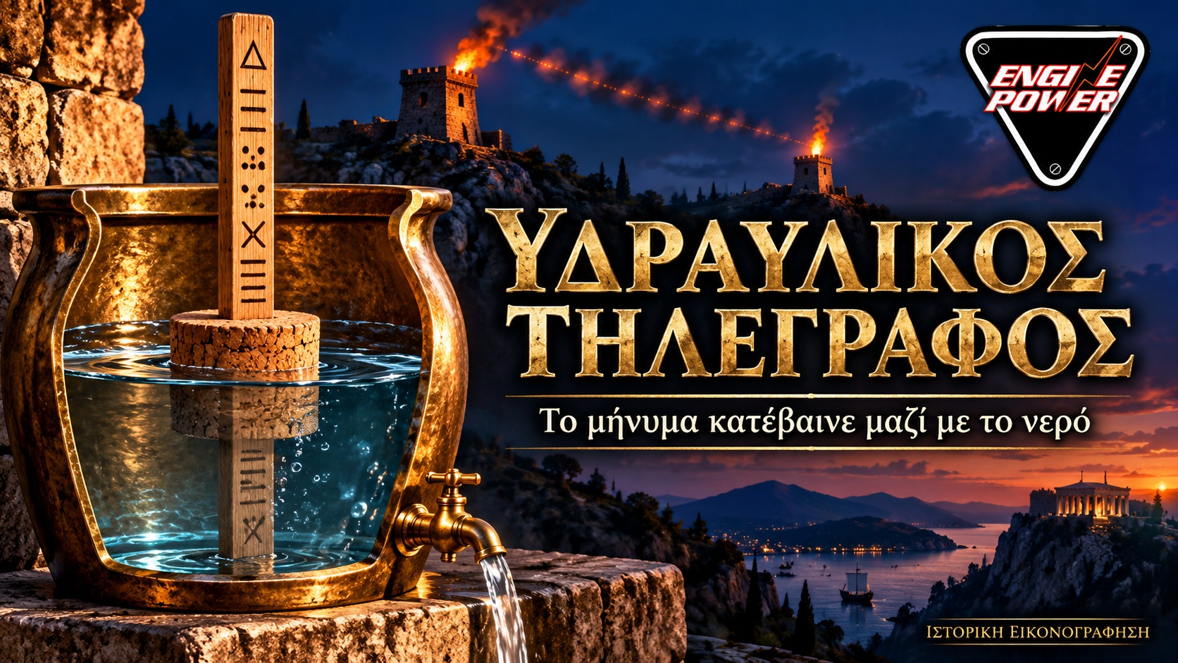 Υδραυλικός τηλέγραφος του Αινεία — εικονογραφική αναπαράσταση της ιδέας, όχι αυθεντικό αρχαιολογικό εύρημα.