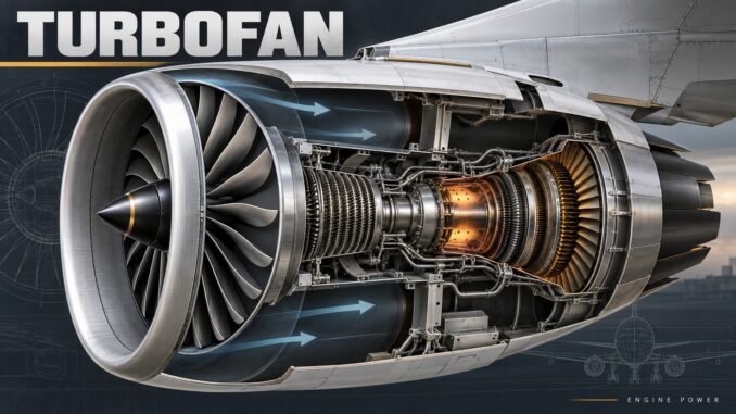 Turbofan: ενδεικτική τομή κινητήρα με ανεμιστήρα και πυρήνα