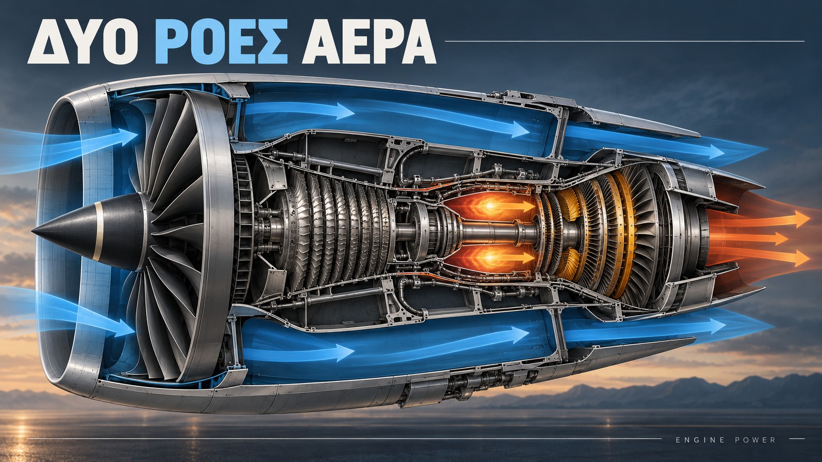 Turbofan: απλοποιημένη απεικόνιση παράκαμψης και θερμής ροής