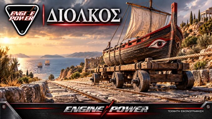 Δίολκος με πλοίο πάνω σε φορείο, καλλιτεχνική αναπαράσταση με τεχνητή νοημοσύνη