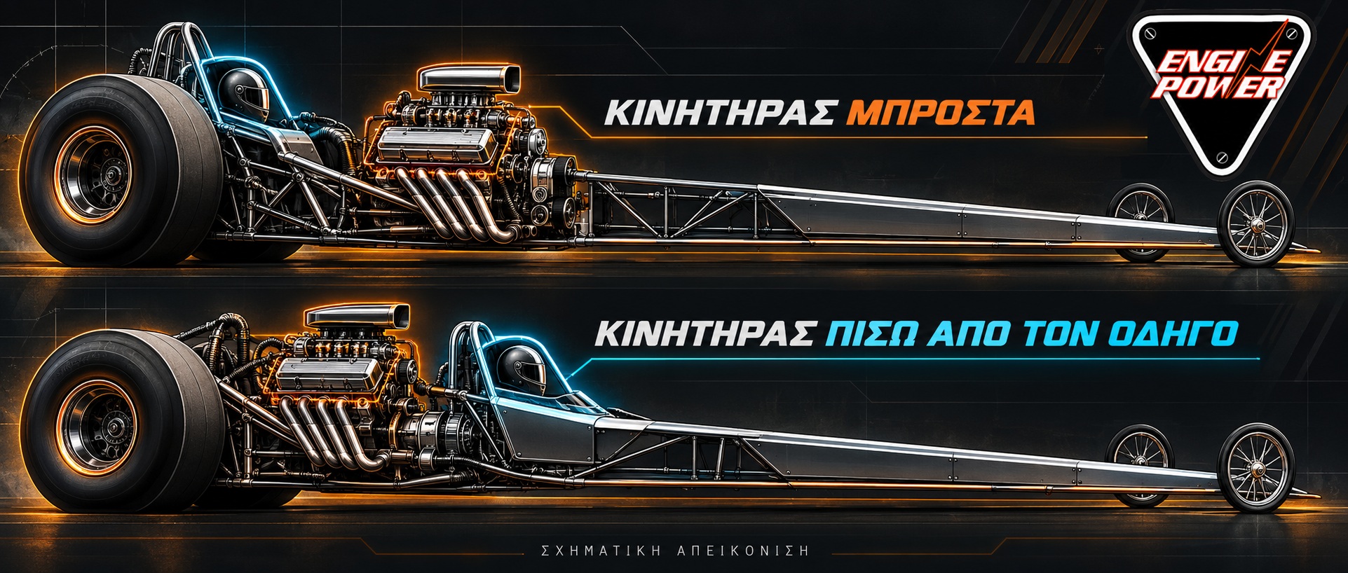 Σχηματική σύγκριση dragster με κινητήρα μπροστά και πίσω από τον οδηγό