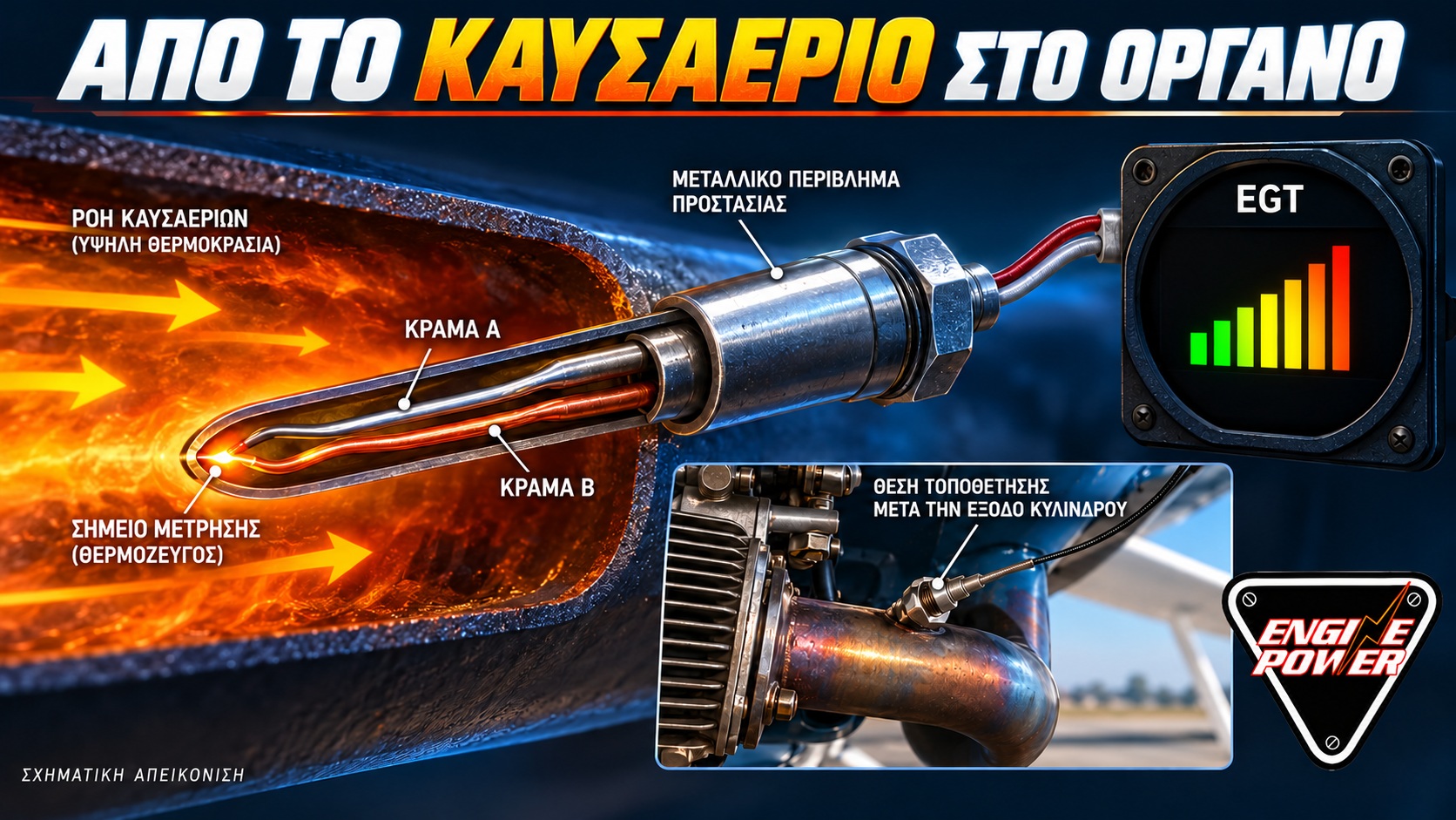 EGT αεροσκάφους: Τι αποκαλύπτει η θερμοκρασία καυσαερίων — λεπτομέρεια Σχηματική απόδοση θερμοζεύγους και ένδειξης EGT· δεν παρουσιάζονται όρια λειτουργίας κινητήρα.