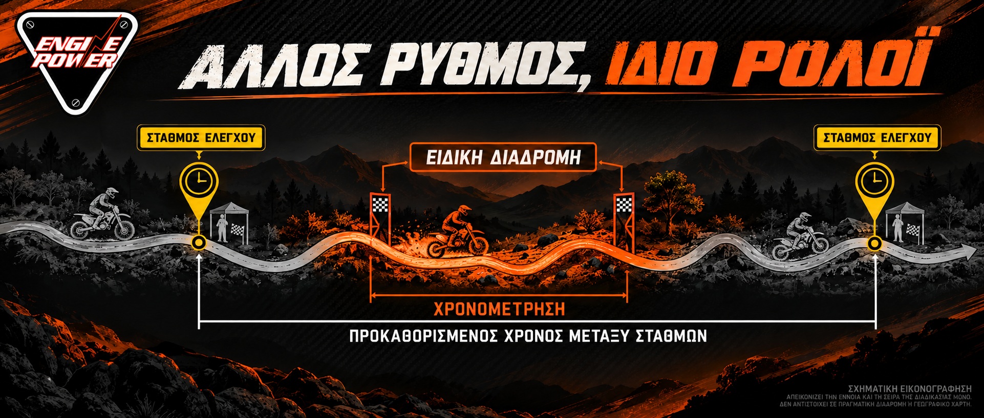 Σχηματική διαδρομή Enduro με σταθμούς ελέγχου και χωριστή χρονομετρούμενη ειδική