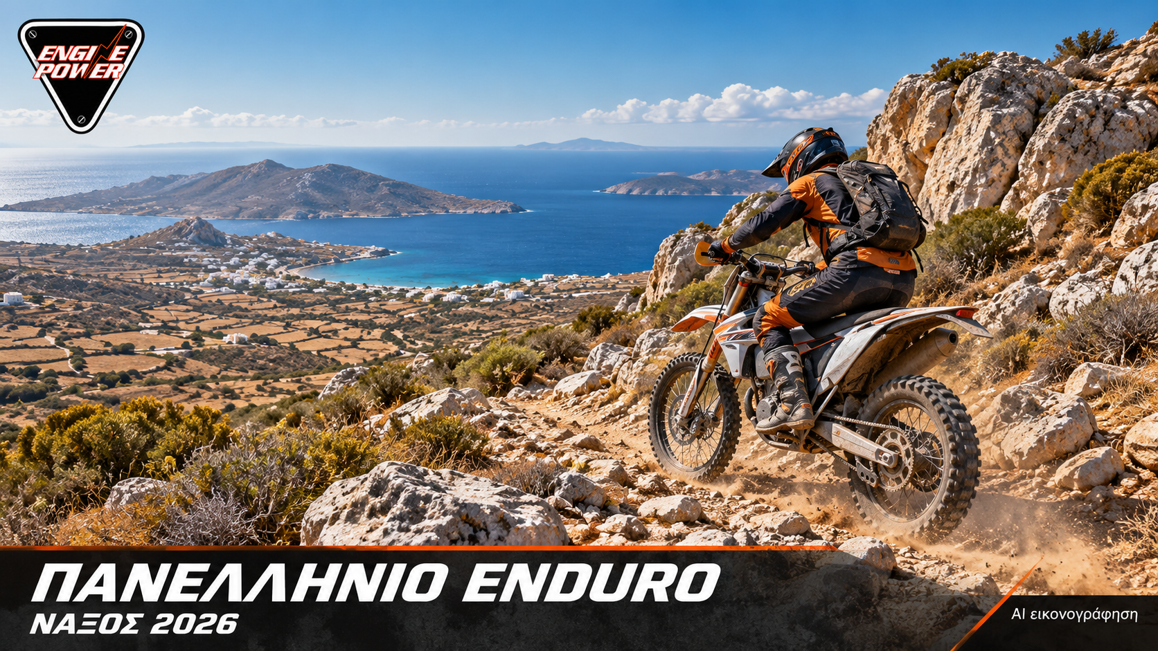 Enduro Νάξος 2026: Νησιωτική διαδρομή — AI εικονογράφηση Enduro Νάξος 2026 — AI εικονογράφηση ανώνυμου αναβάτη σε βραχώδη νησιωτική διαδρομή