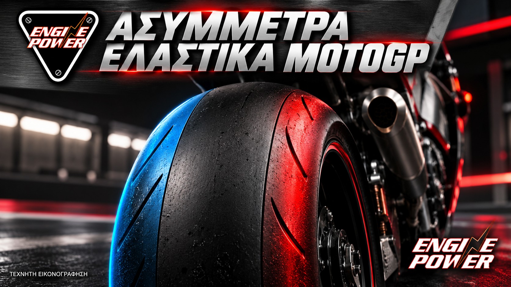 Ασύμμετρα ελαστικά MotoGP: τα χρώματα συμβολίζουν διαφορετικές γόμες, όχι πραγματική εμφάνιση ελαστικού. — τεχνητή εικονογράφηση.