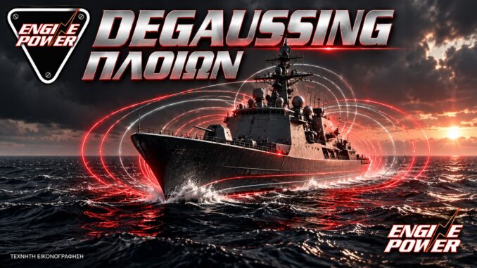 Degaussing: οι γραμμές συμβολίζουν το μαγνητικό πεδίο γύρω από ένα ενδεικτικό πλοίο. — τεχνητή εικονογράφηση.