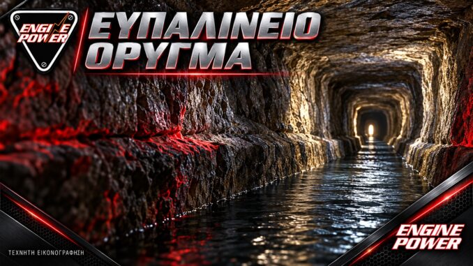 Ευπαλίνειο Όρυγμα: καλλιτεχνική απόδοση αρχαίου υδραυλικού περάσματος. — τεχνητή εικονογράφηση.