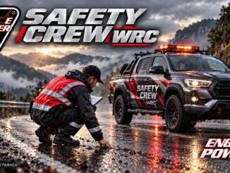 Safety crew: ενδεικτικός έλεγχος συνθηκών σε βρεγμένο δρόμο, όχι πραγματικό συμβάν. — τεχνητή εικονογράφηση.