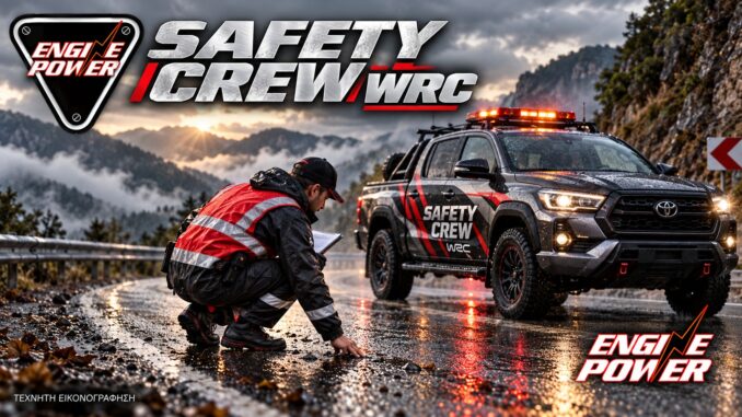 Safety crew: ενδεικτικός έλεγχος συνθηκών σε βρεγμένο δρόμο, όχι πραγματικό συμβάν. — τεχνητή εικονογράφηση.