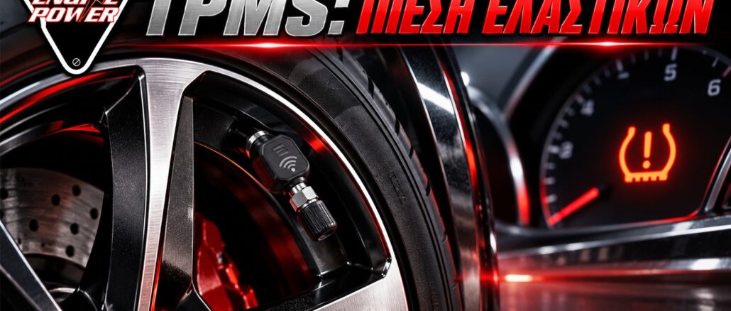 TPMS: ενδεικτική απεικόνιση αισθητήρα και προειδοποίησης πίεσης. — τεχνητή εικονογράφηση.