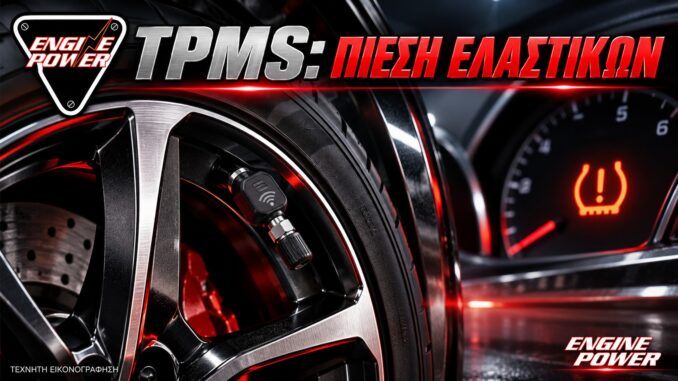 TPMS: ενδεικτική απεικόνιση αισθητήρα και προειδοποίησης πίεσης. — τεχνητή εικονογράφηση.