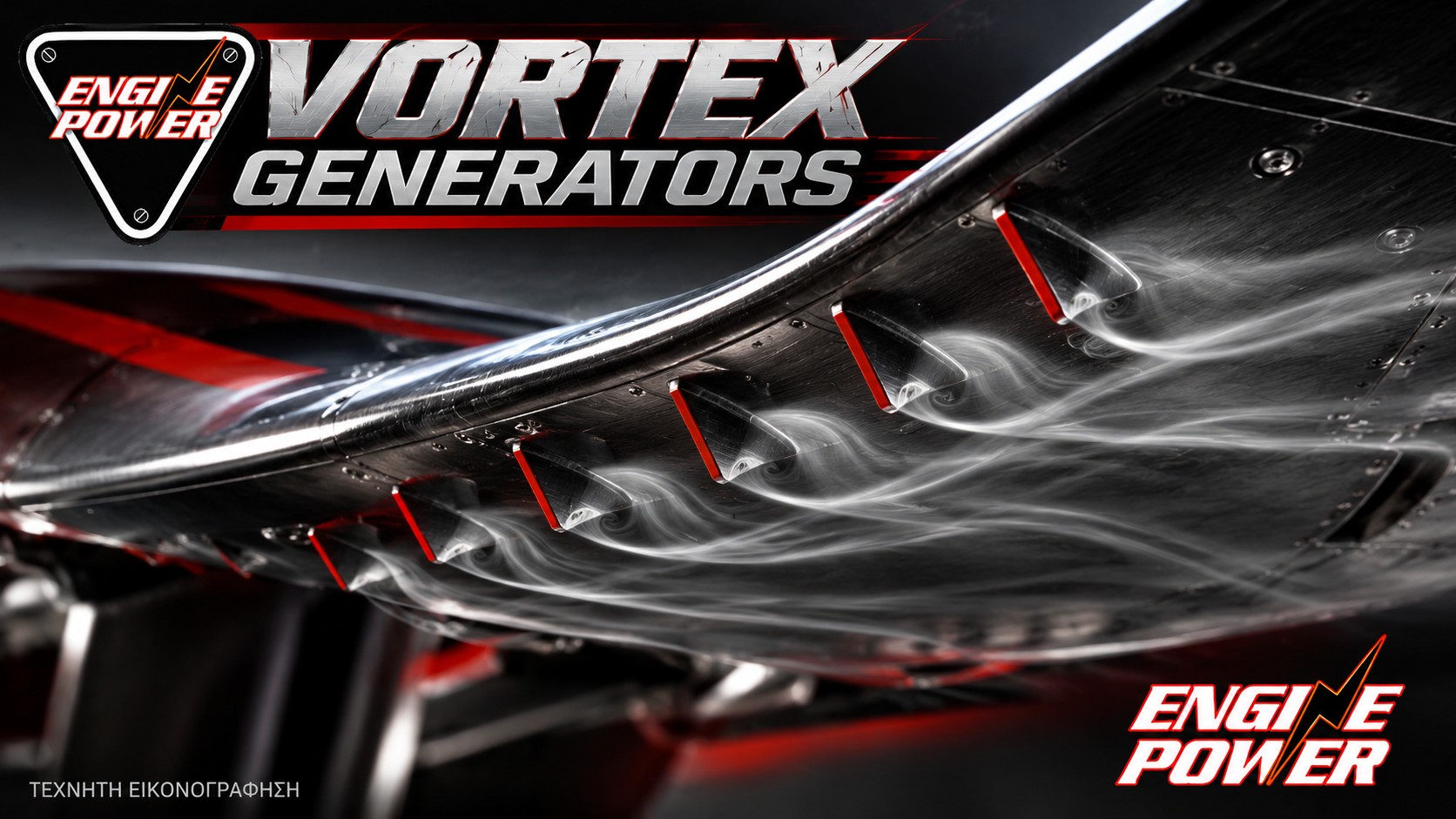 Vortex generators: οι γραμμές συμβολίζουν τη μεταβολή της ροής, όχι πραγματική μέτρηση. — τεχνητή εικονογράφηση.