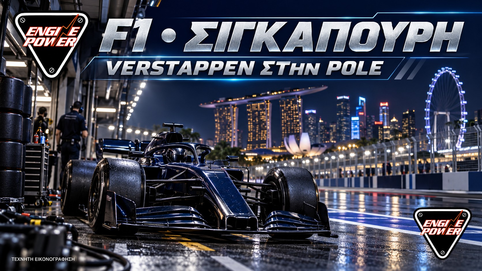 F1 Σιγκαπούρη: μονοθέσιο σε νυχτερινό σκηνικό — τεχνητή εικονογράφηση