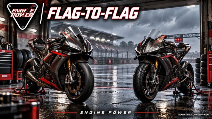 Flag-to-flag στο MotoGP με δύο ενδεικτικές μοτοσυκλέτες, τεχνητή εικονογράφηση