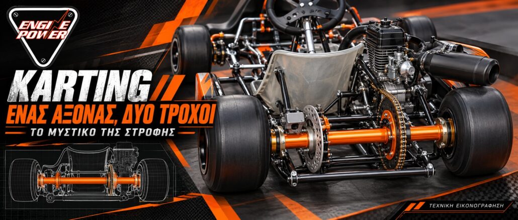 Karting: Γιατί ο εσωτερικός πίσω τροχός ελαφρώνει — εξώφυλλο Τεχνική εικονογράφηση kart με επισημασμένο ενιαίο πίσω άξονα