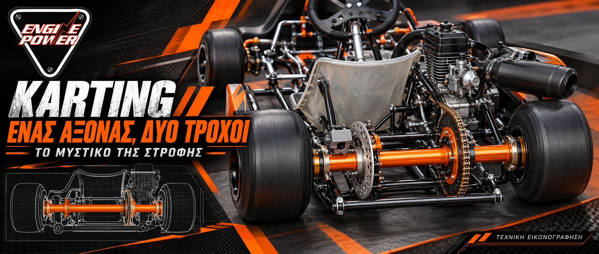 Τεχνική εικονογράφηση kart με επισημασμένο ενιαίο πίσω άξονα