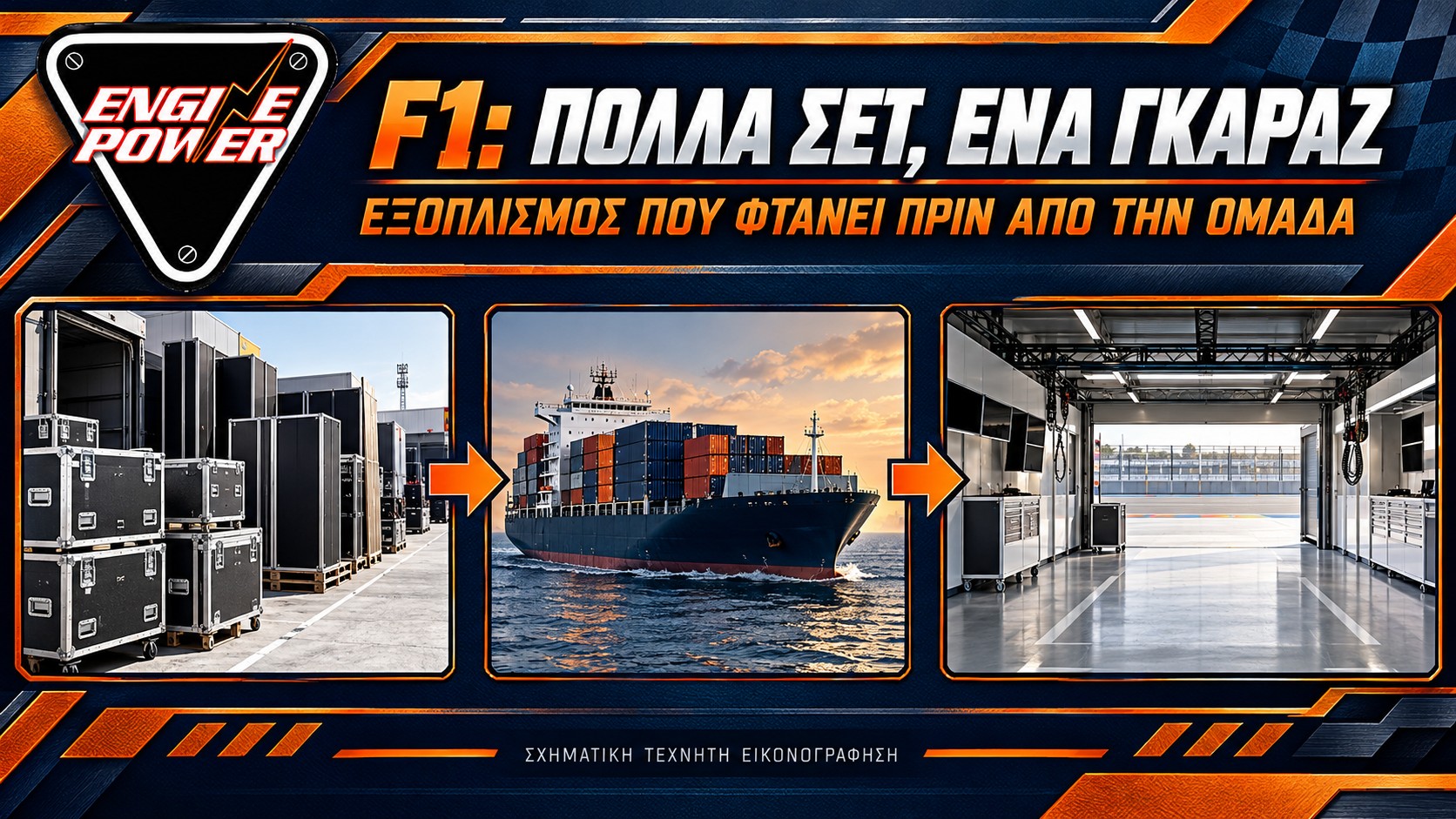 Σχηματική τεχνητή εικονογράφηση logistics F1 με κιβώτια, πλοίο και γκαράζ