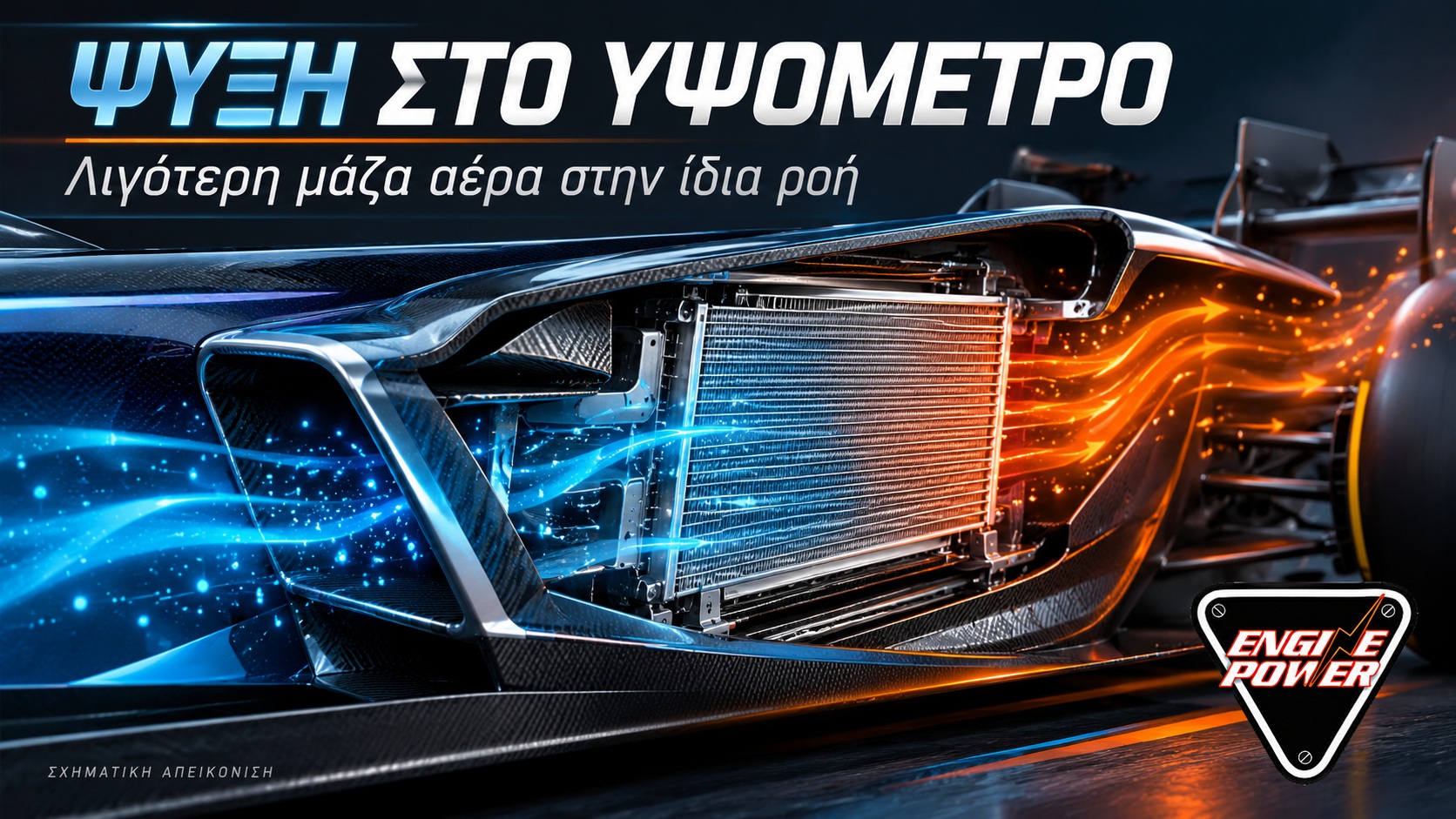 F1 Μεξικό 2026: Γιατί το υψόμετρο δυσκολεύει την ψύξη — λεπτομέρεια Σχηματική ροή αέρα μέσα από ψυγείο μονοθεσίου. Η σύγκριση αφορά ίδιο όγκο αέρα, όχι ίδια μάζα.
