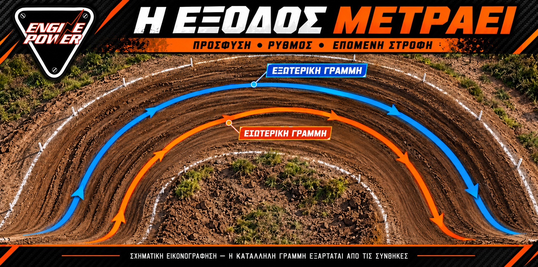 Σχηματική σύγκριση εσωτερικής και εξωτερικής γραμμής σε στροφή Motocross