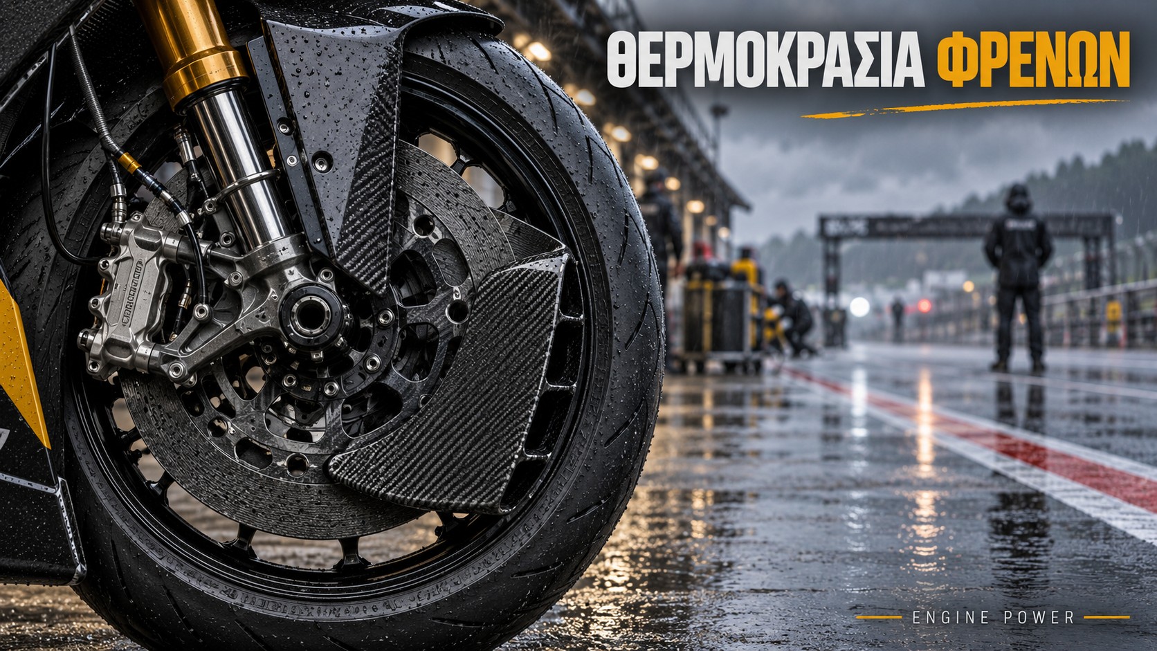 Φρένα MotoGP με ενδεικτικό κάλυμμα δίσκου σε βρεγμένο περιβάλλον