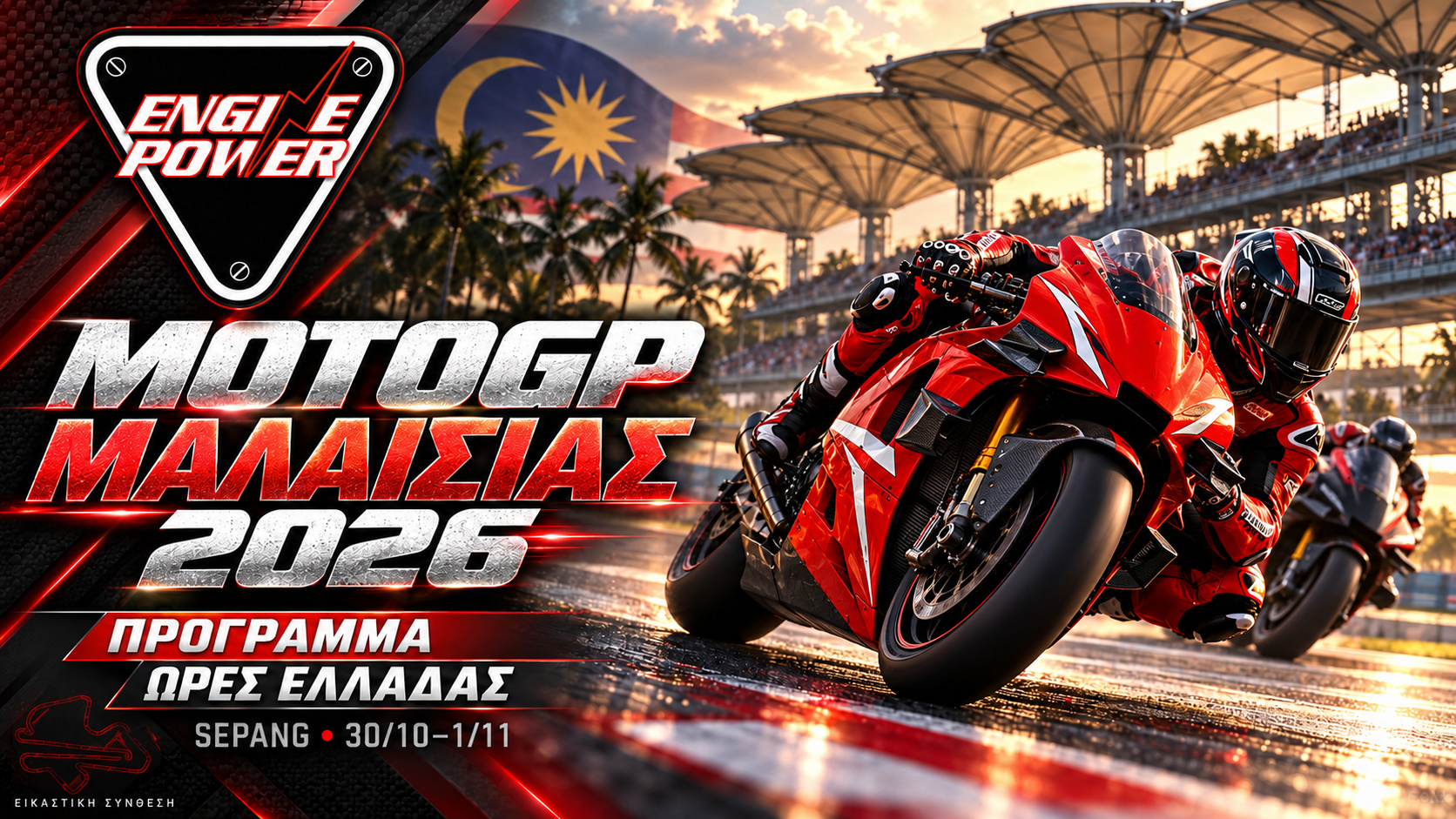 Πρόγραμμα MotoGP Μαλαισίας 2026 και ώρες Ελλάδας, με αγωνιστική εικονογράφηση και το λογότυπο ENGINE POWER.