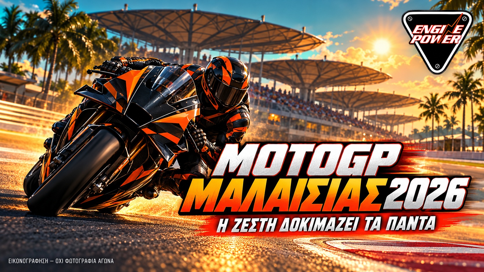 MotoGP Μαλαισίας 2026: Η ζέστη βάζει τη δική της δοκιμασία — εξώφυλλο MotoGP Μαλαισίας 2026: Πρωτότυπη εικονογράφηση με ανώνυμο αναβάτη, όχι φωτογραφία του αγώνα.