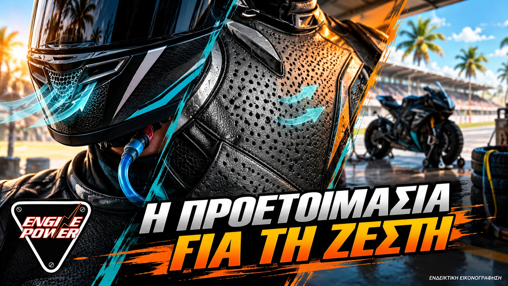MotoGP Μαλαισίας 2026: Η ζέστη βάζει τη δική της δοκιμασία — λεπτομέρεια Ενδεικτική εικονογράφηση αερισμού εξοπλισμού και προετοιμασίας αναβάτη για ζεστές συνθήκες.