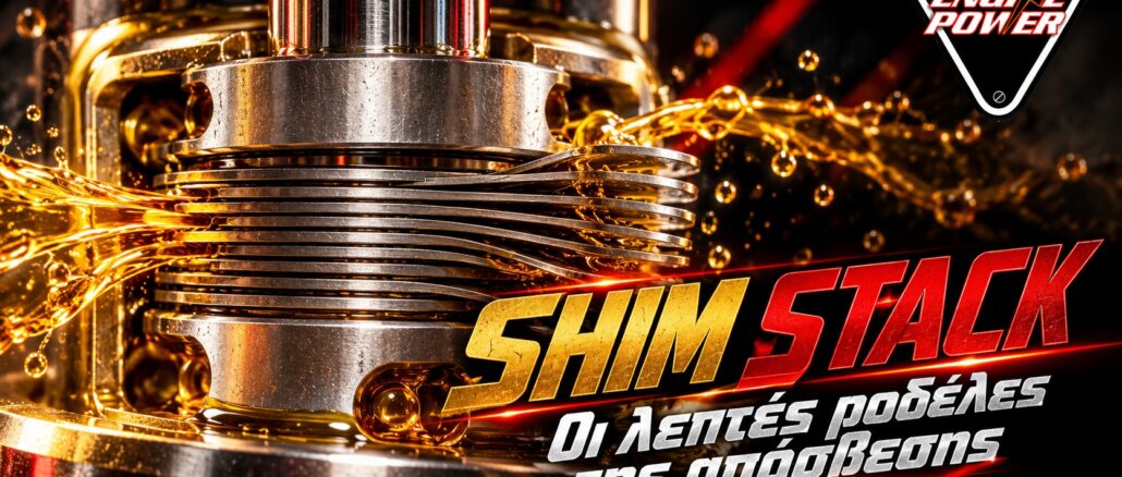 Shim stack σε έμβολο ανάρτησης — τεχνική εικονογράφηση της αρχής λειτουργίας.