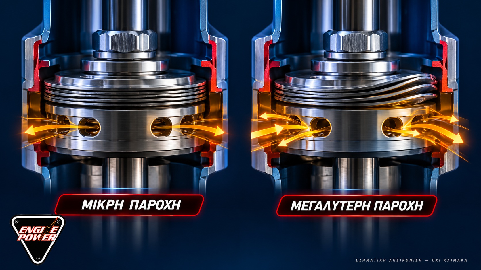 Shim stack: Οι λεπτές ροδέλες που ελέγχουν την απόσβεση — λεπτομέρεια Ενδεικτική σύγκριση κάμψης των ροδελών με διαφορετική παροχή λαδιού, όχι μετρημένη παραμόρφωση.