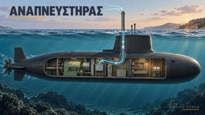 Αναπνευστήρας υποβρυχίου σε απλοποιημένη ενδεικτική τομή