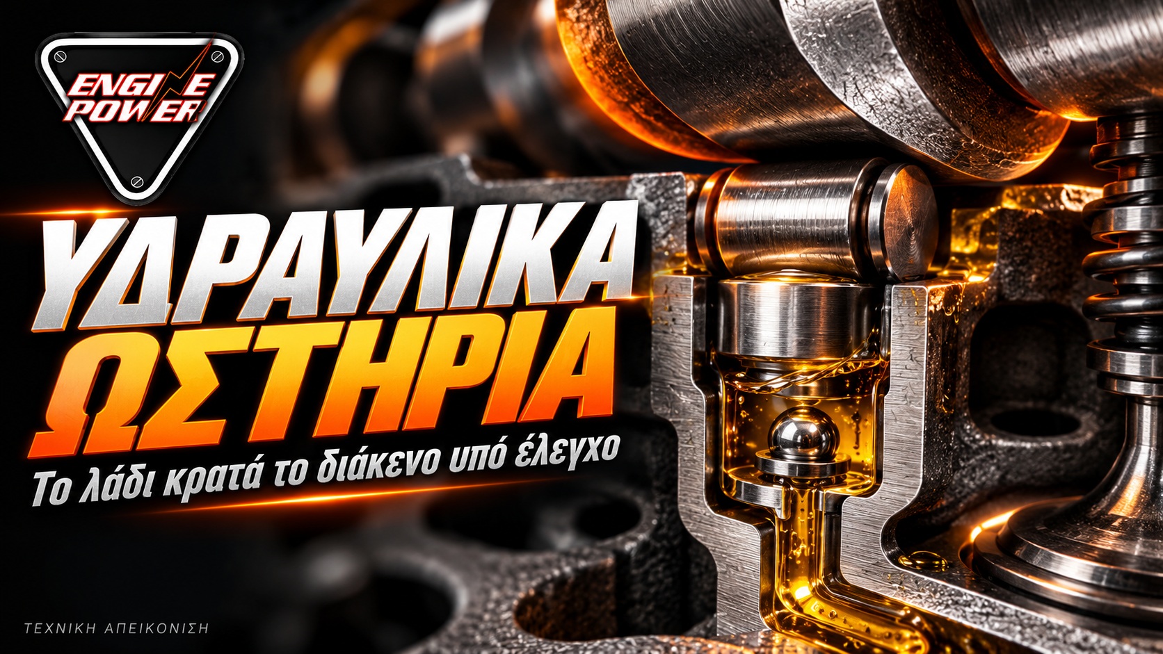 Υδραυλικά ωστήρια: Πώς το λάδι κρατά σωστό το διάκενο — εξώφυλλο Υδραυλικά ωστήρια και κύκλωμα λαδιού — ενδεικτική τεχνική εικονογράφηση.