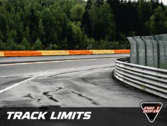 Track limits: λευκή γραμμή και kerbs σε στροφή πίστας με λογότυπο Engine Power