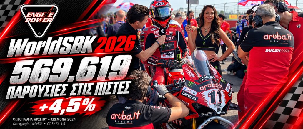 WorldSBK 2026: 569.619 παρουσίες στις πίστες, πρώτο το Portimão — εξώφυλλο WorldSBK 2026: 569.619 παρουσίες στις πίστες, γραφιστική σύνθεση με τον Nicolò Bulega σε φωτογραφία αρχείου
