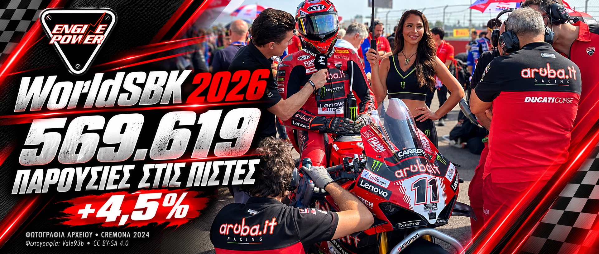 WorldSBK 2026: 569.619 παρουσίες στις πίστες, πρώτο το Portimão — εξώφυλλο WorldSBK 2026: 569.619 παρουσίες στις πίστες, γραφιστική σύνθεση με τον Nicolò Bulega σε φωτογραφία αρχείου